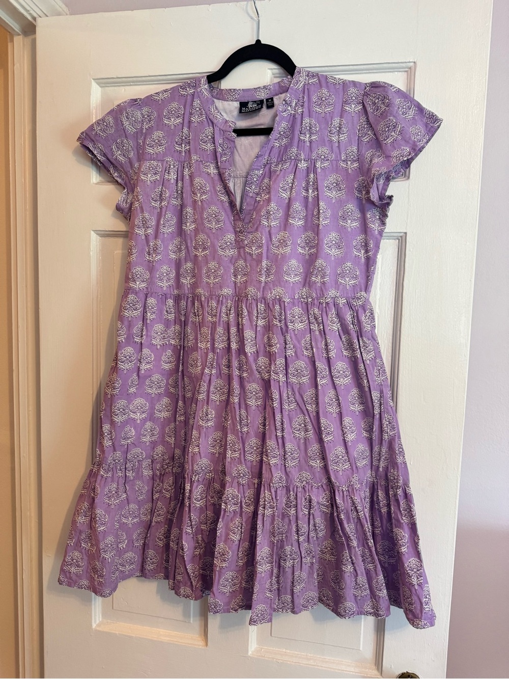 Madison Mathews Folly Mini V-Neck Dress in Lilac and White, M